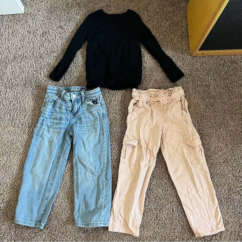 Cat and Jack denim wide leg pant, pink cargo pant, and black long sleeve Bundle